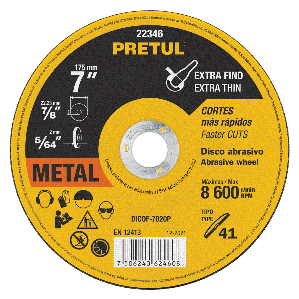 Disco Tipo 41 de 7' x 2 mm corte fino de metal, Pretul DICOF-7020P
