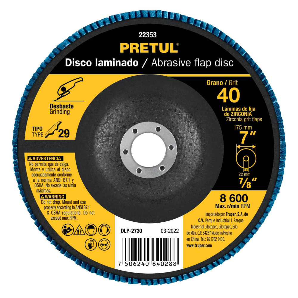Disco laminado 7', grano 40 centro 7/8', fibra, PRETUL DLP-2730