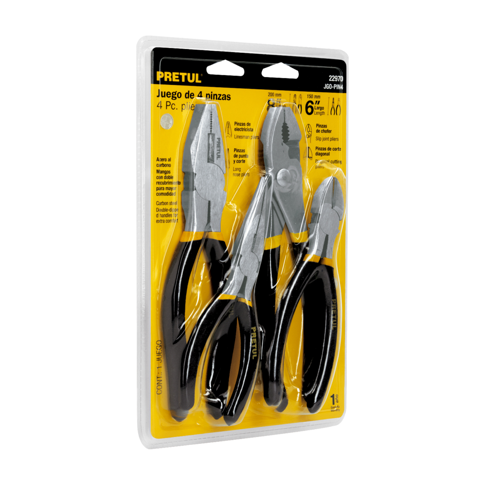 Juego de 4 pinzas, mangos de PVC, Pretul JGO-PIN4