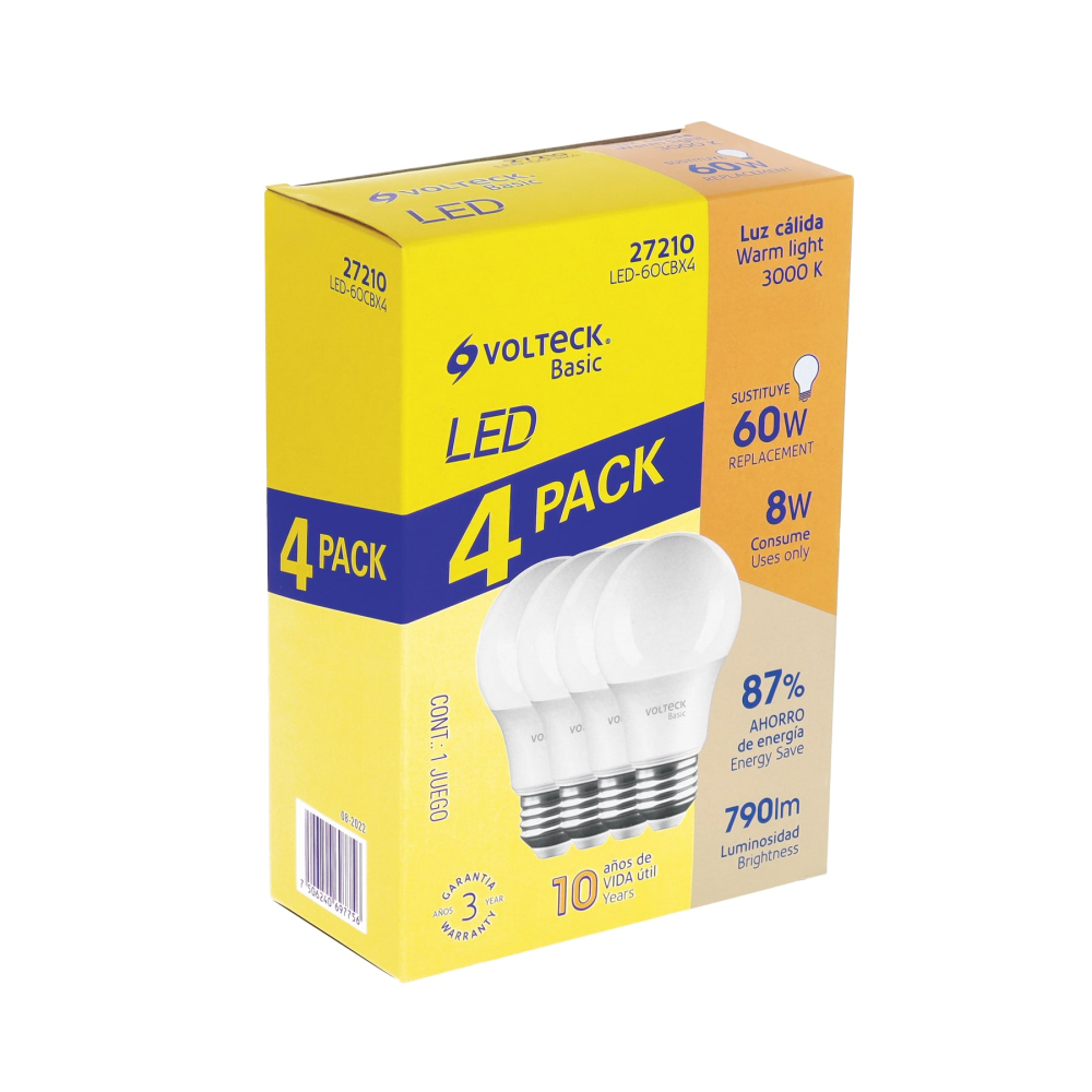 Pack de 4 lámparas LED A19 8 W (equiv. 60 W), luz cálida LED-60CBX4
