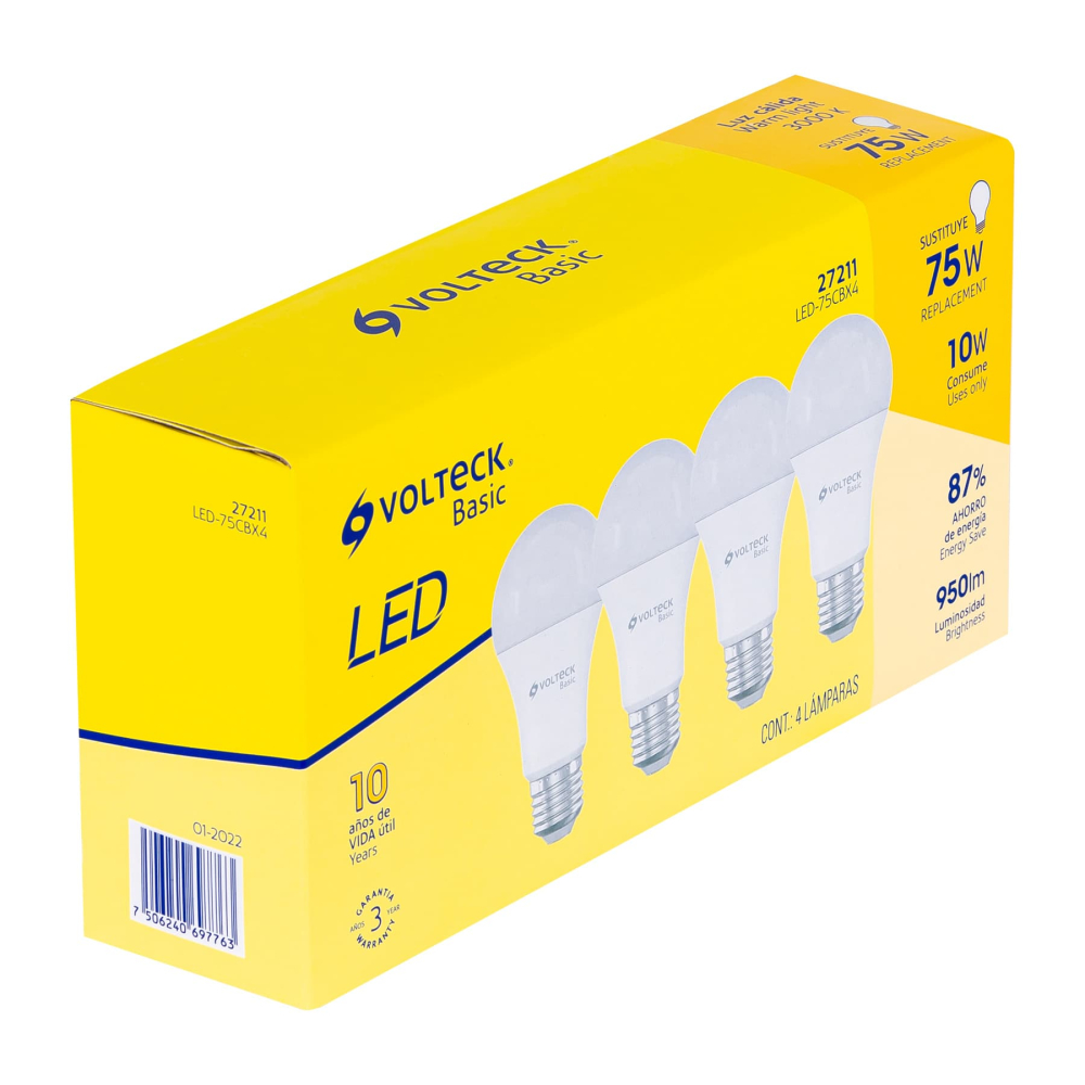 Pack de 4 lámparas LED A19 10 W (equiv. 75 W), luz cálida LED-75CBX4