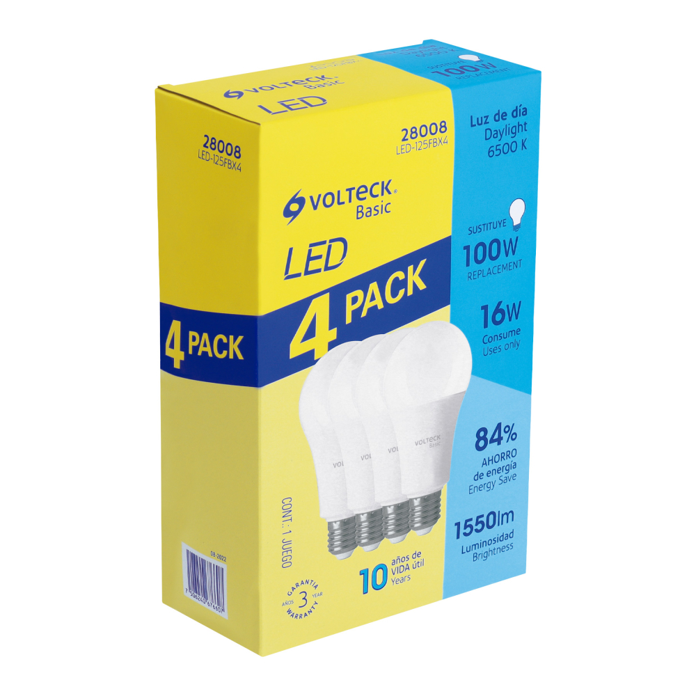 Pack de 4 lámparas LED A19 16 W (equiv. 100 W), luz de día LED-125FBX4