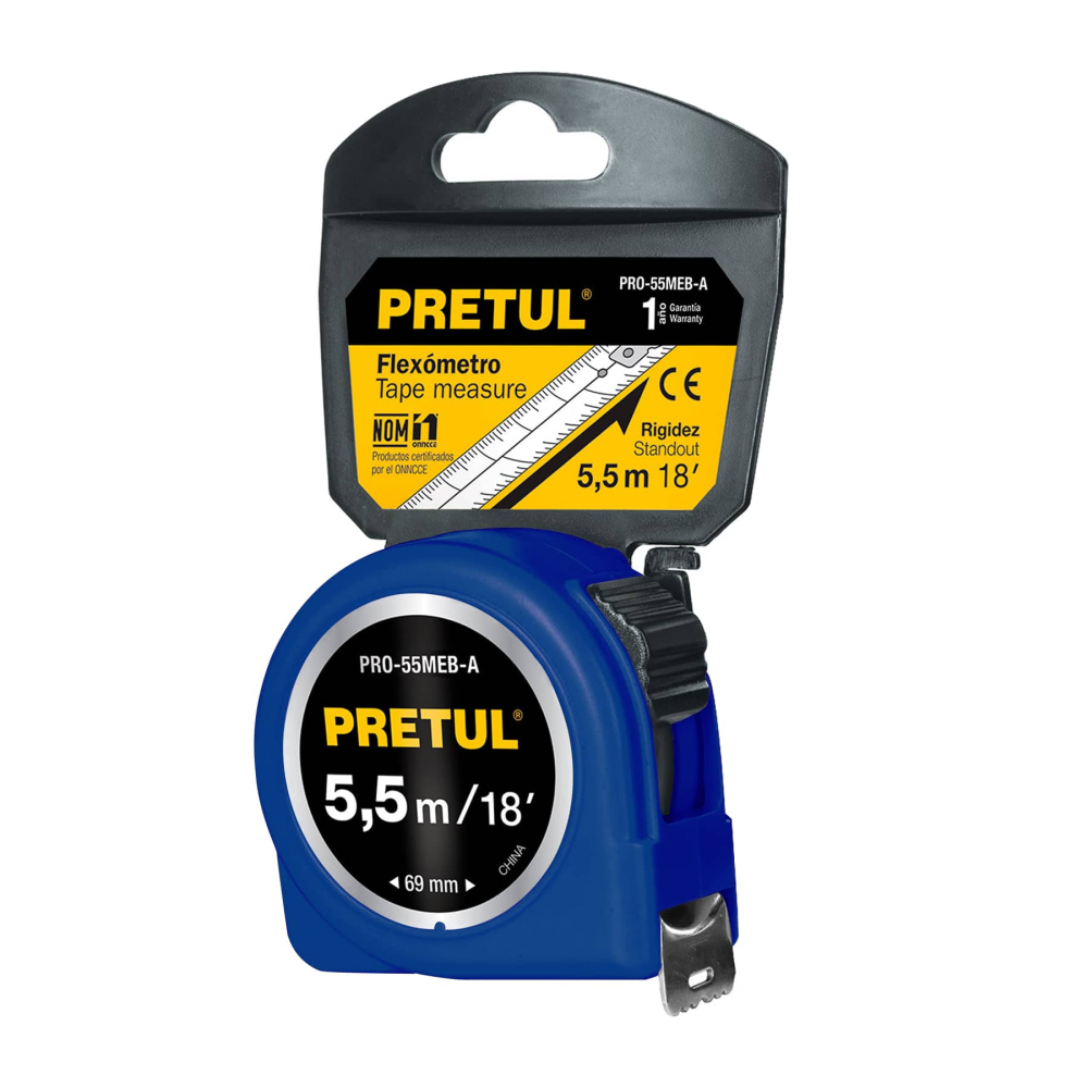 Flexómetro azul 5.5 m cinta 25 mm, en tarjeta, PRETUL PRO-55MEB-A