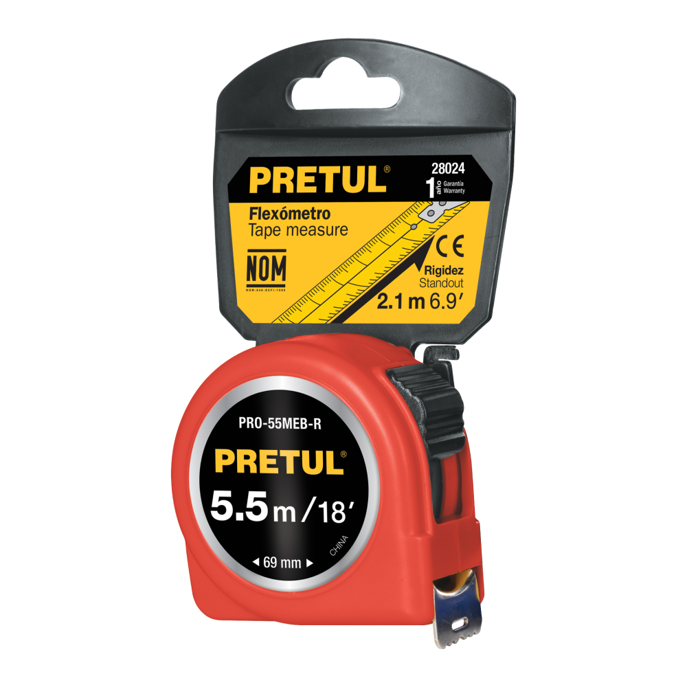 Flexómetro rojo 5.5 m cinta 25 mm, en tarjeta, PRETUL PRO-55MEB-R