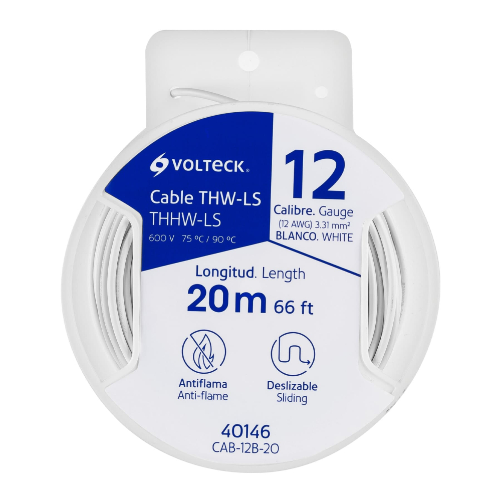 Carrete con 20 m de cable THHW-LS 12 AWG blanco, Volteck CAB-12B-20