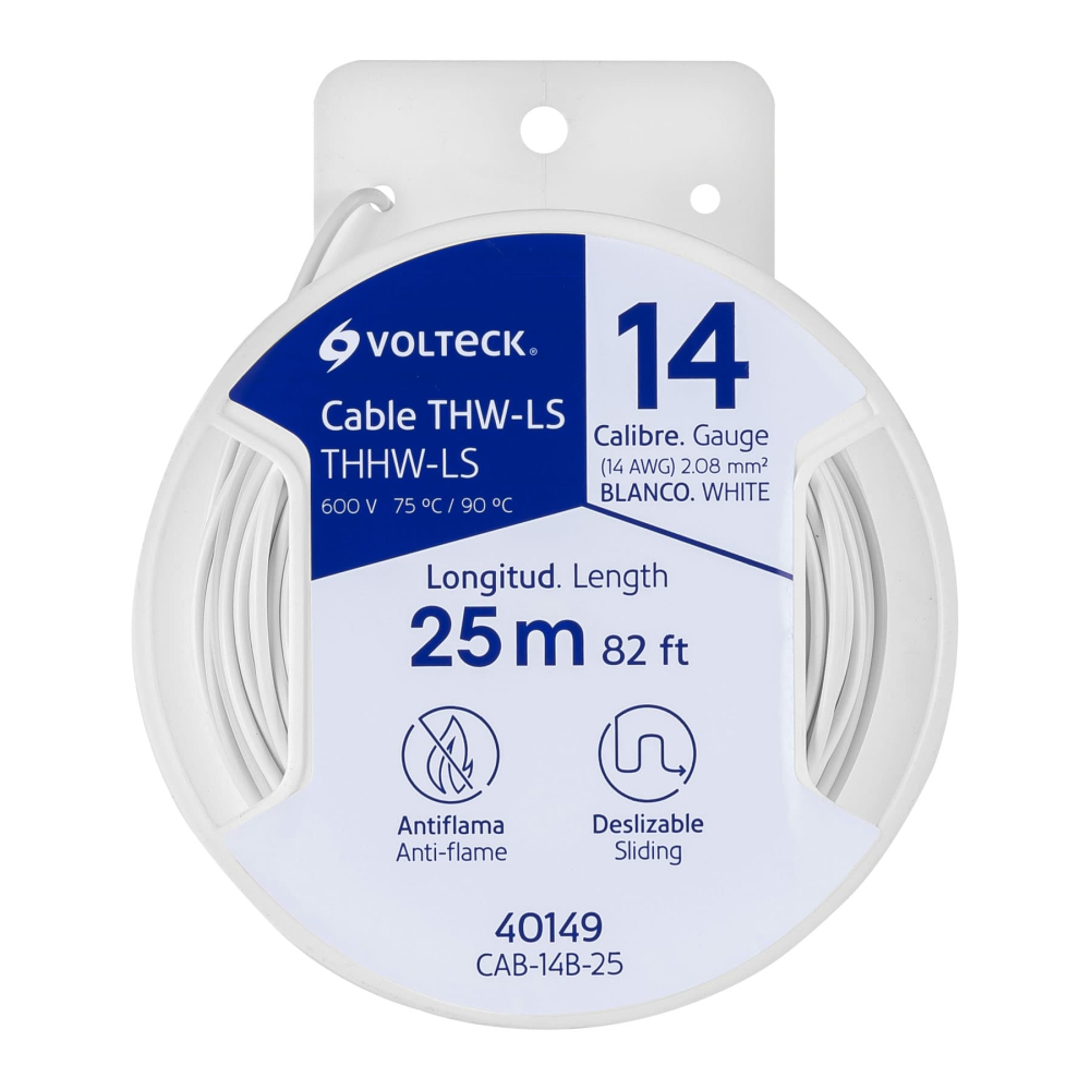 Carrete con 25 m de cable THHW-LS 14 AWG blanco, Volteck CAB-14B-25