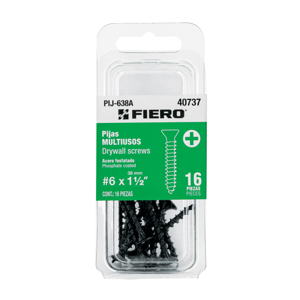 Blíster con 16 pijas multiusos, #6 x 1-1/2', FIERO PIJ-638A
