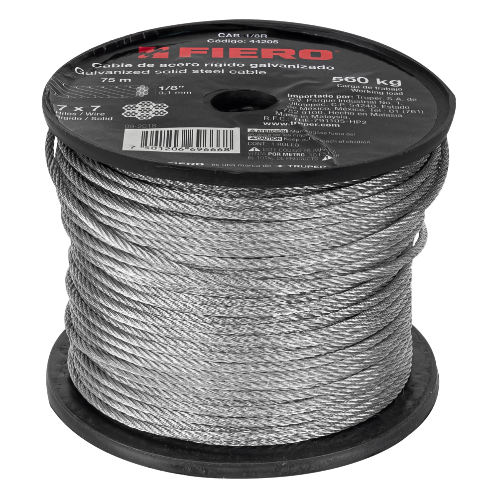 Metro de cable rígido 1/8' de acero 7x7 hilos, 75 m, FIERO CAB-1/8R