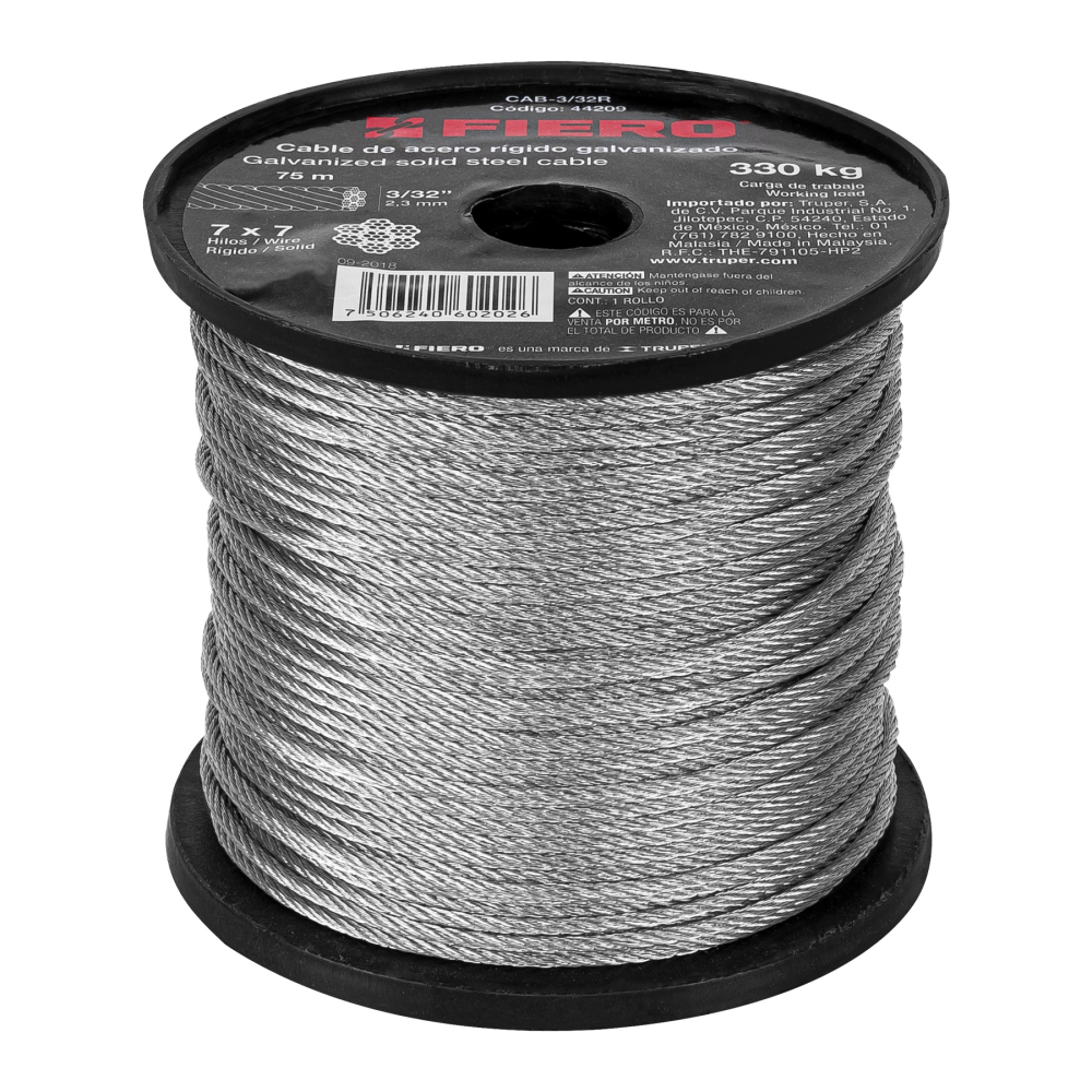 Metro de cable rígido 3/32' de acero 7x7 hilos, 75 m, FIERO CAB-3/32R