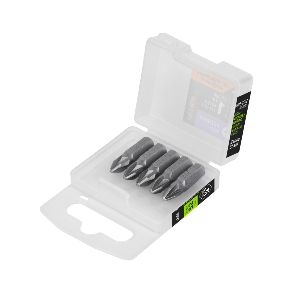 Estuche con 5 puntas pozidriv PZ2 largo 1', Truper Expert PUDE-2102