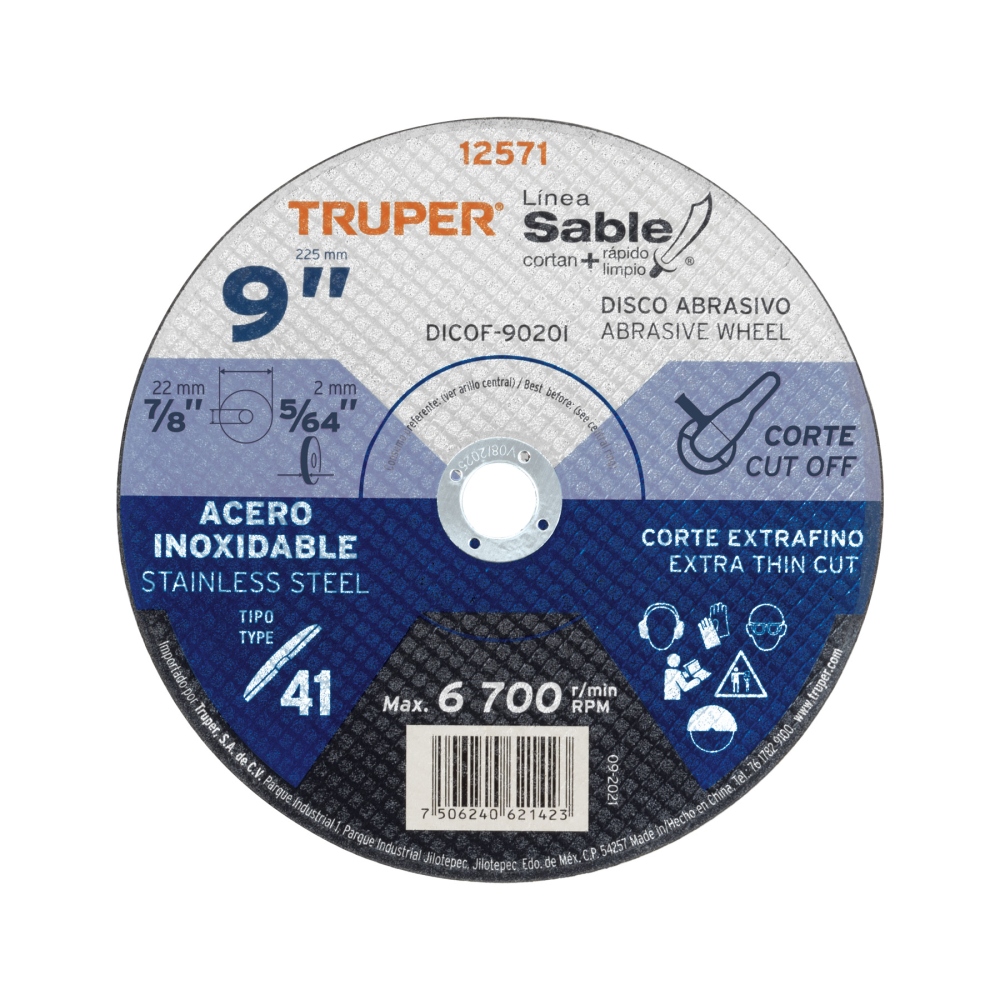 Disco Tipo 41 de 9' x 2 mm corte fino acero inox, Sable DICOF-9020I