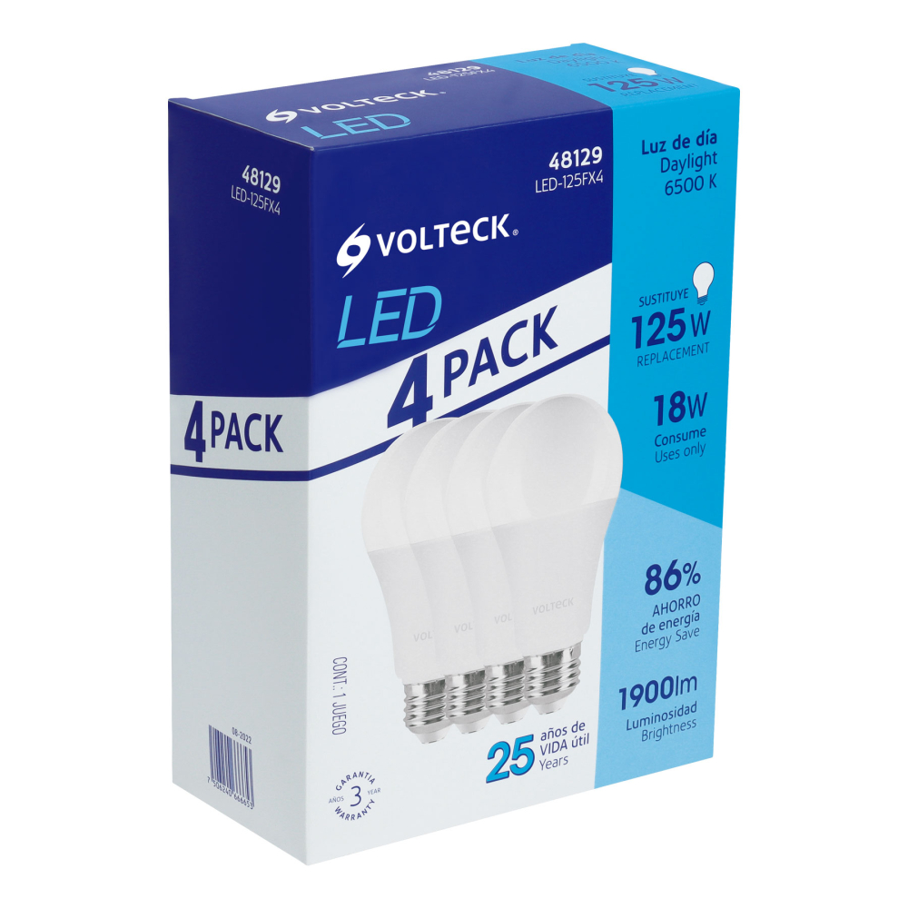 Pack de 4 lámparas LED A19 18 W (equiv. 125 W), luz de día LED-125FX4