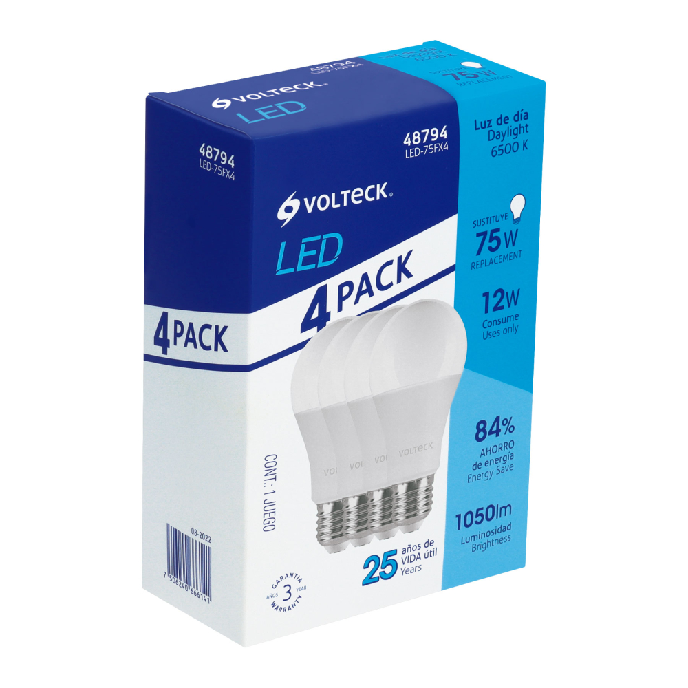 Pack de 4 lámparas LED A19 12 W (equiv. 75 W), luz de día LED-75FX4