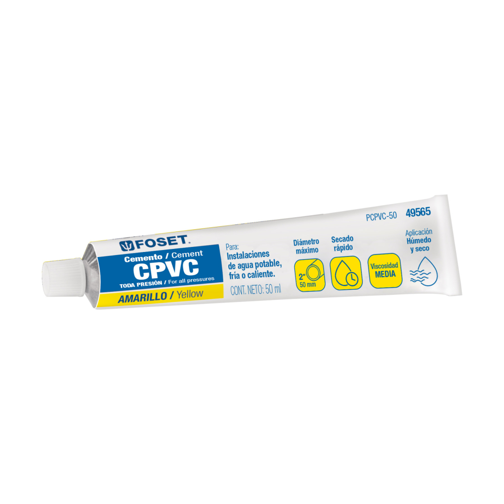 Cemento p/CPVC, amarillo, toda presión, tubo 50ml, FOSET PCPVC-50