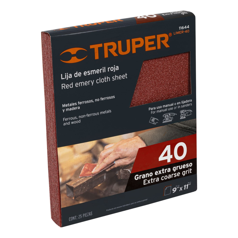 Lija de esmeril roja grano 40 de óxido de aluminio, Truper LIMER-40
