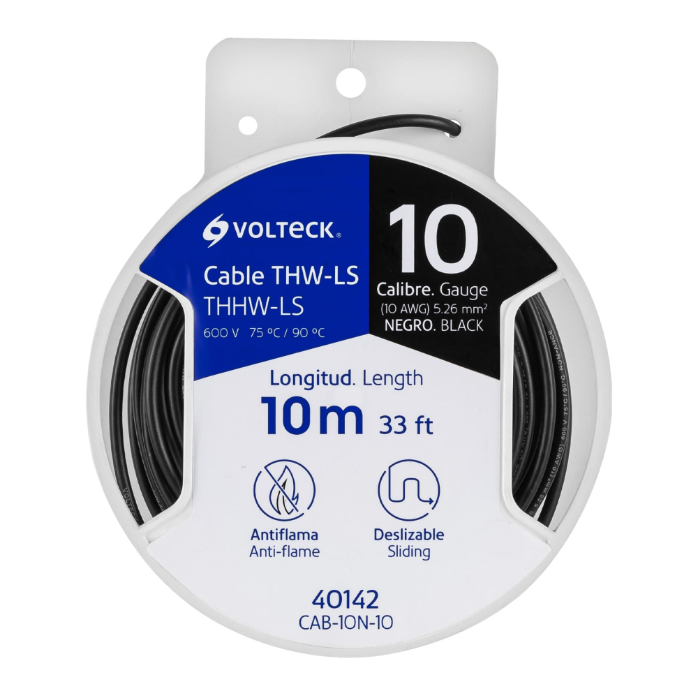 Carrete con 10 m de cable THHW-LS 10 AWG negro, Volteck CAB-10N-10