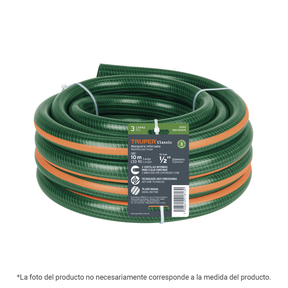 Manguera de jardín 5/8', 3 capas, 6m, sin conexiones, TRUPER MAN-06X5/8RS