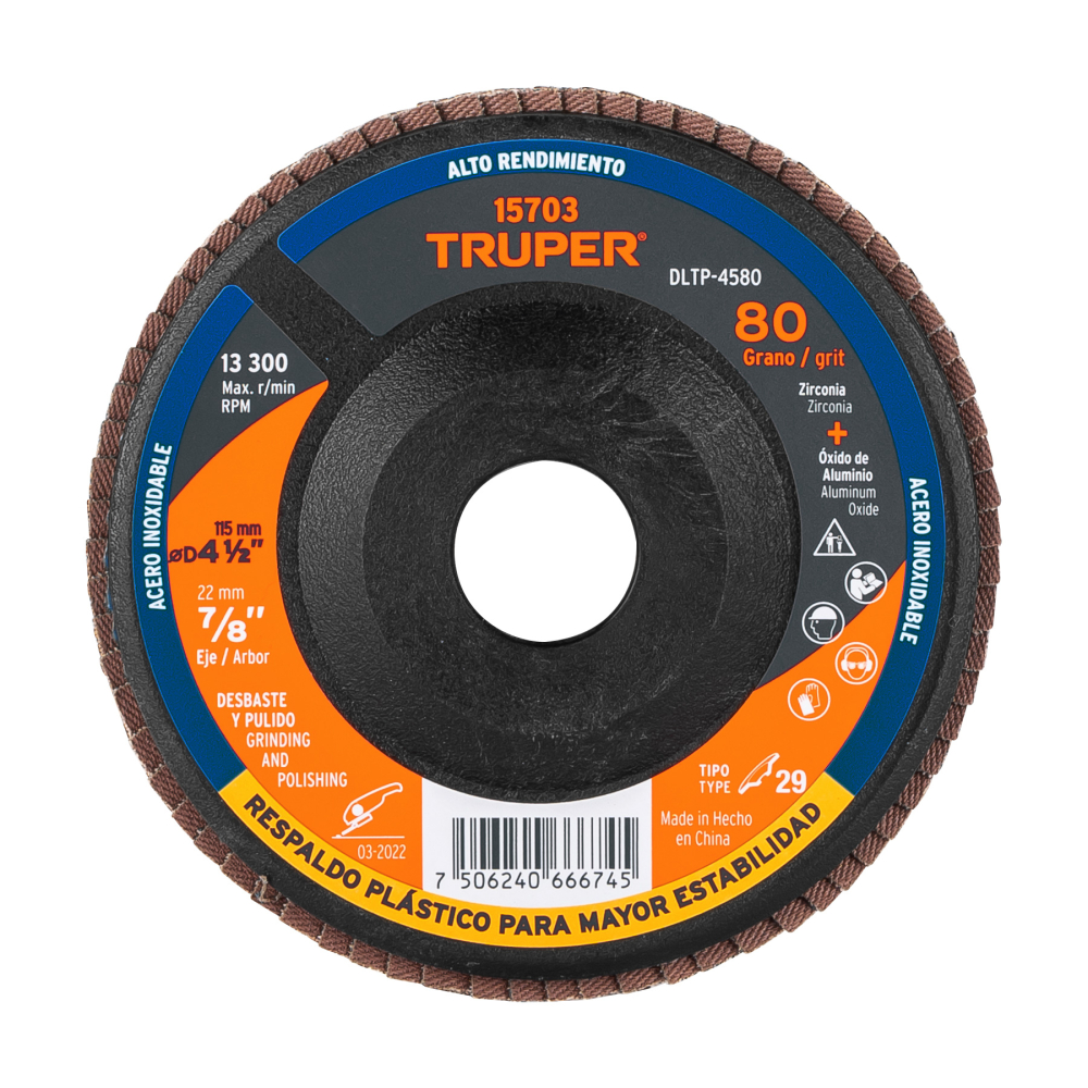 Disco laminado 4-1/2' grano 80 centro 7/8', plástico, TRUPER DLTP-4580