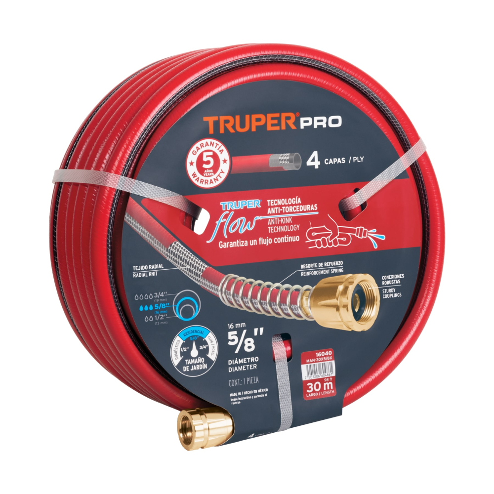 Manguera 5/8' super reforzada 4 capas 30 m conexiones metal MAN-30X5/8X