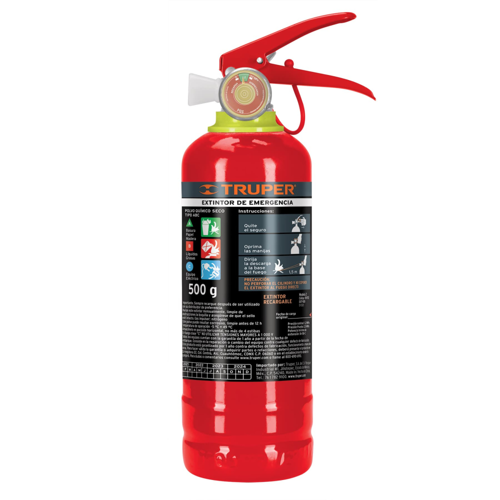 Extintor portátil recargable 0.5 kg, polvo tipo ABC, Truper EXT-500