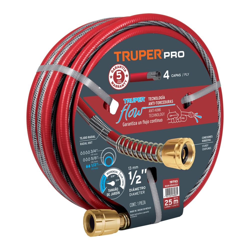 Manguera 1/2' super reforzada 4 capas 25 m conexiones metal MAN-25x1/2X
