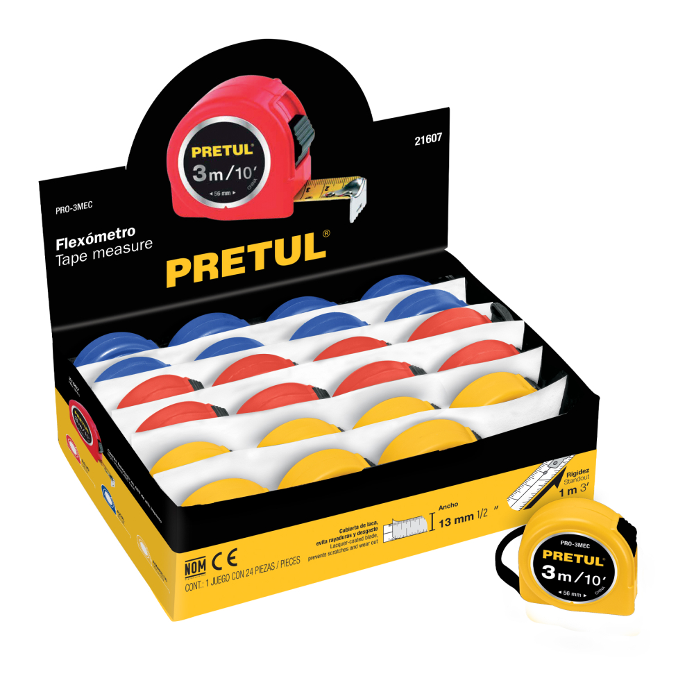 Flexómetro 3 m cinta 13 mm, display box con 24 pzas, PRETUL PRO-3MEC