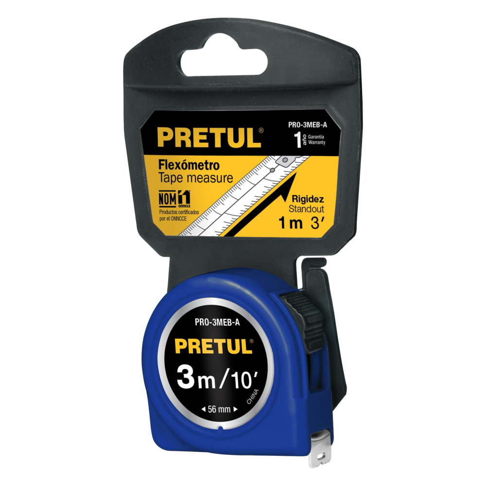 Flexómetro azul 3 m cinta 13 mm, en tarjeta, PRETUL PRO-3MEB-A