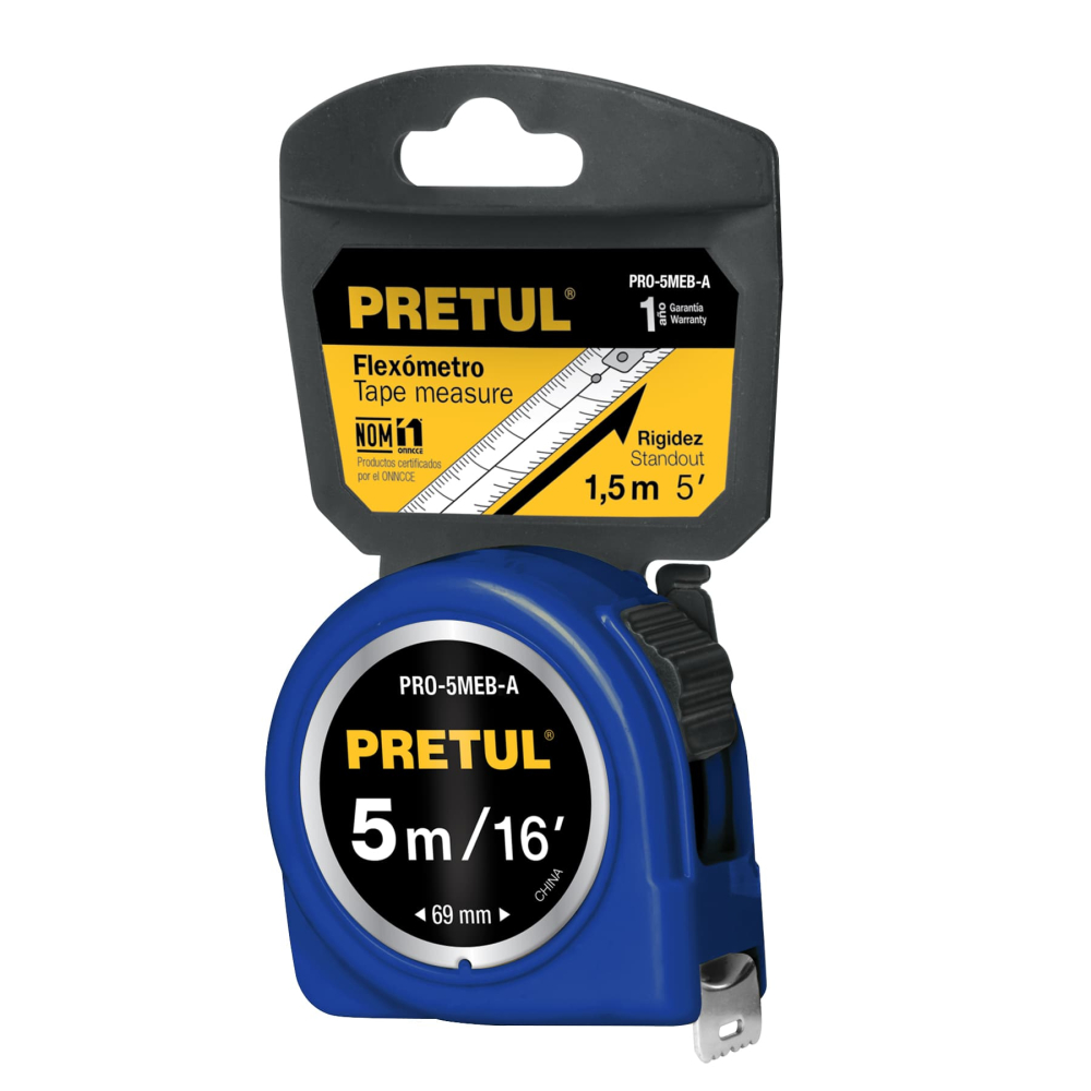 Flexómetro azul 5 m cinta 19 mm, en tarjeta, PRETUL PRO-5MEB-A