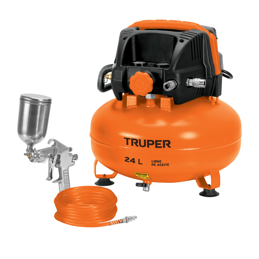 Kit Compresor s/aceite,24L,mang. y pistola grav,127V, TRUPER COMP-KIT24S