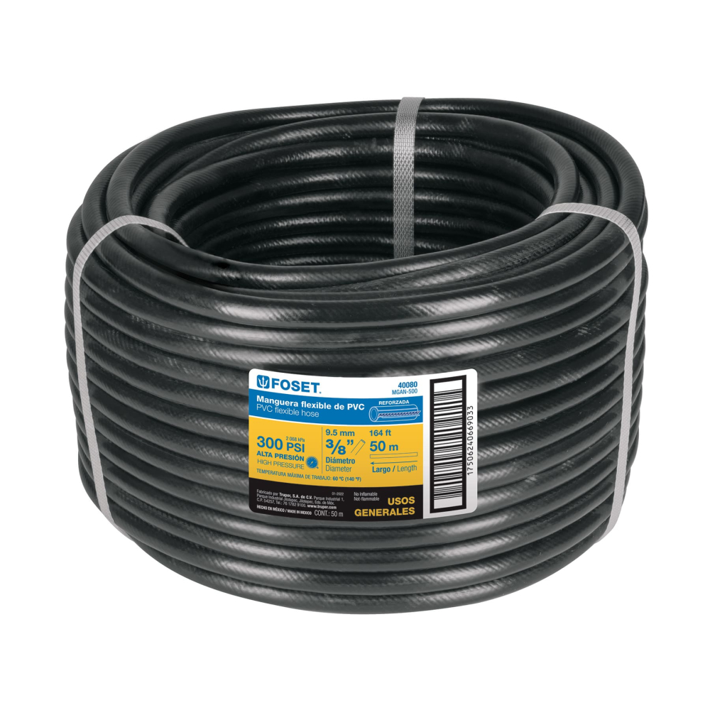 Manguera para gas, PVC negra, 3/8'x50 m, s/conexión, Foset MGAN-500