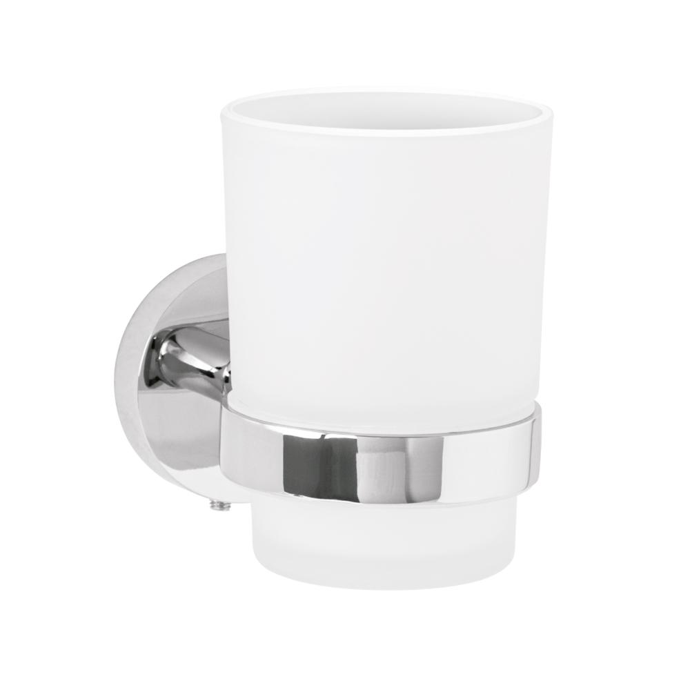 Portavaso cepillero cromo con vaso de vidrio, Foset Túbig TBA-71