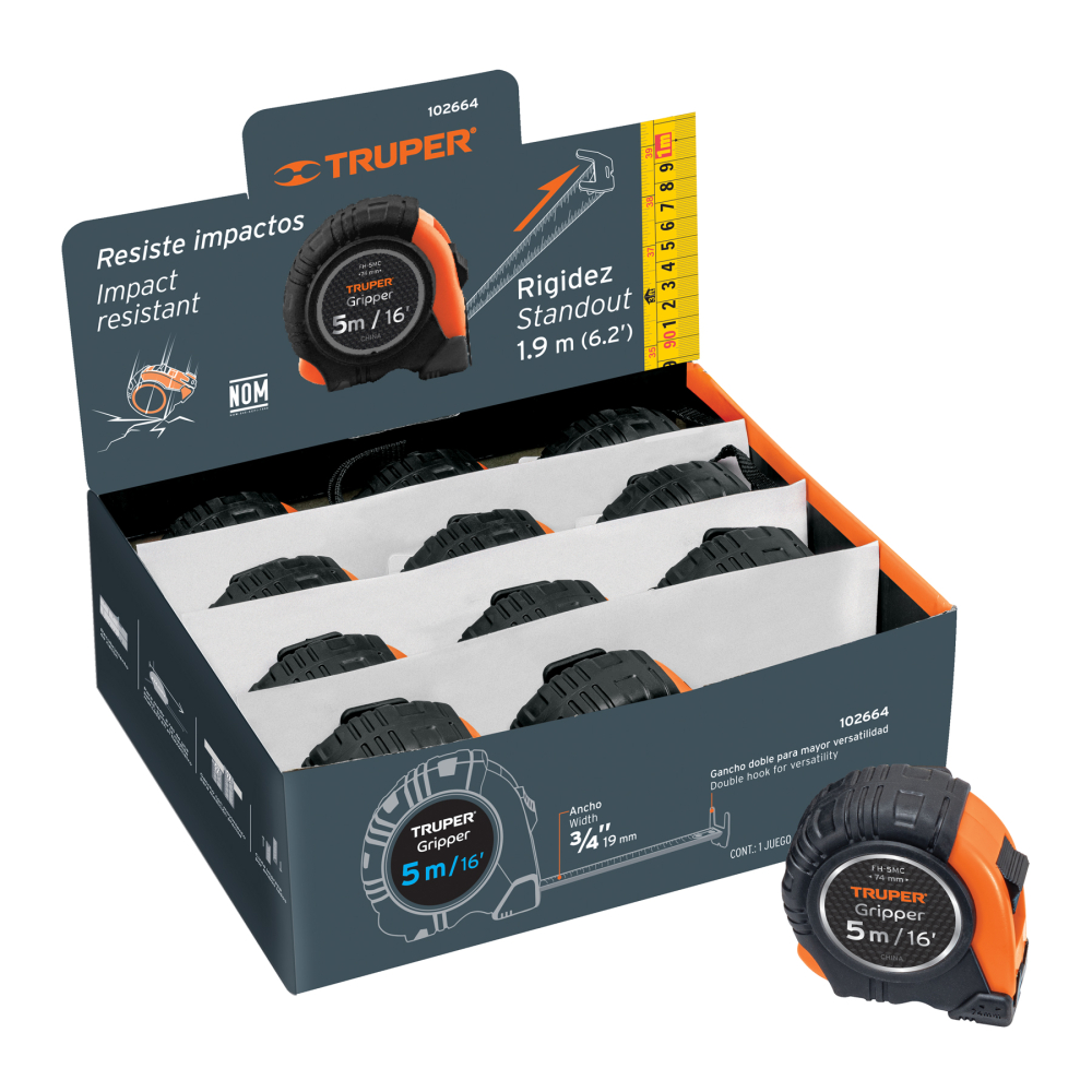 Flexómetro Gripper 5 m cinta 13 mm display box con 12 piezas FH-5MC