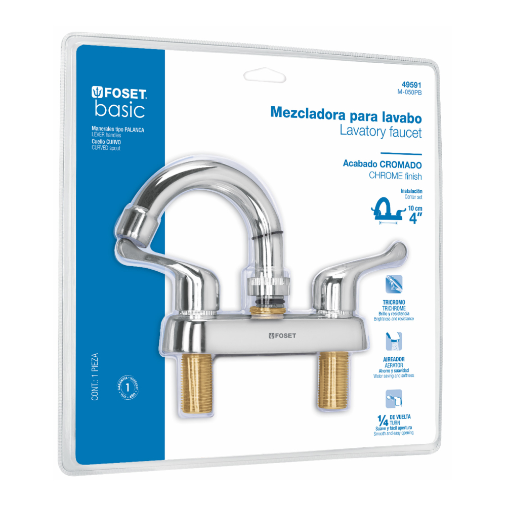 Mezcladora 4' lavabo, ABS,cuello curvo,palanca,blister,BASIC M-050PB