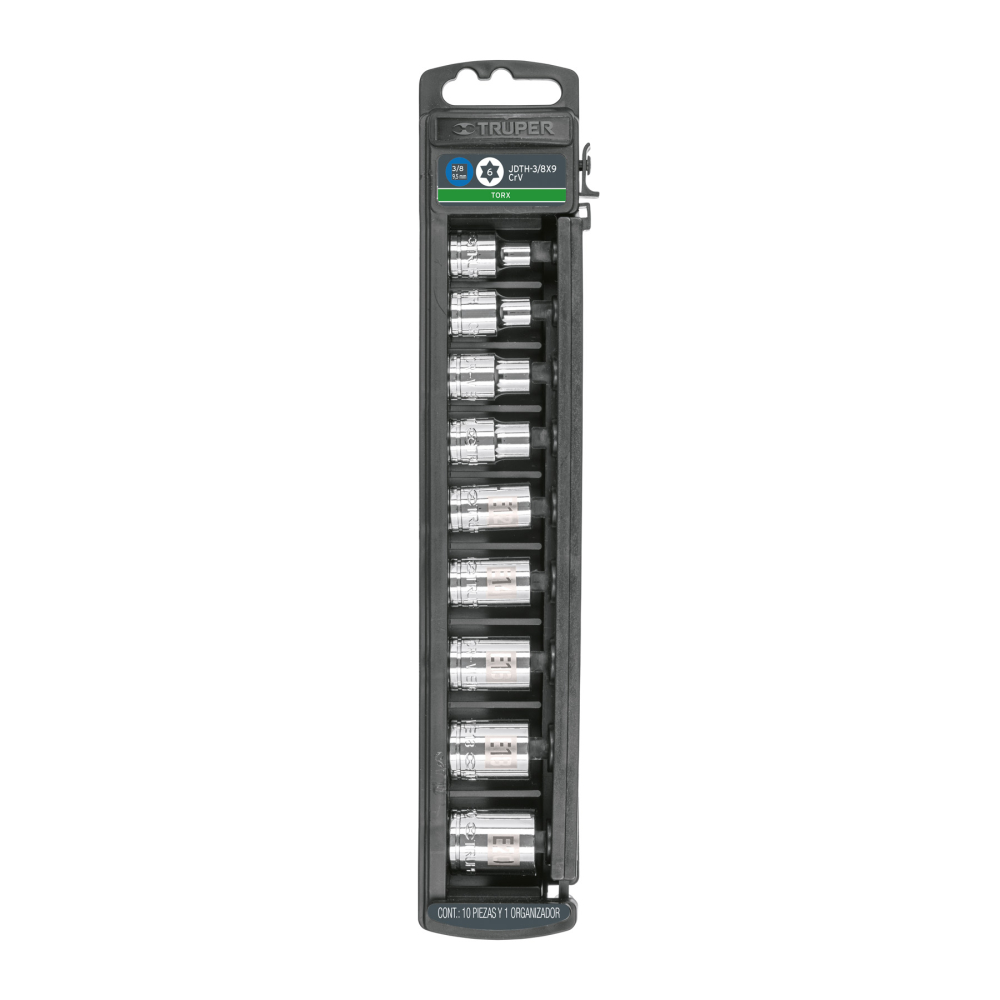Juego de 9 dados cuadro 3/8' torx, Truper JDTH-3/8X9