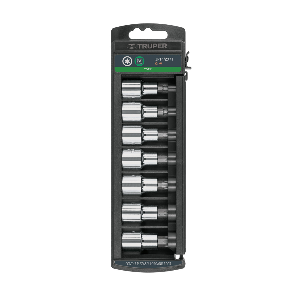 Juego de 7 dados cuadro 1/2' punta torx, Truper JPT-1/2X7T