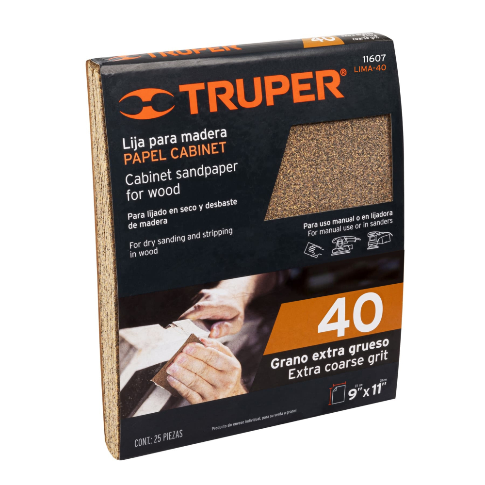 Lija para madera papel cabinet, grano 40, Truper LIMA-40