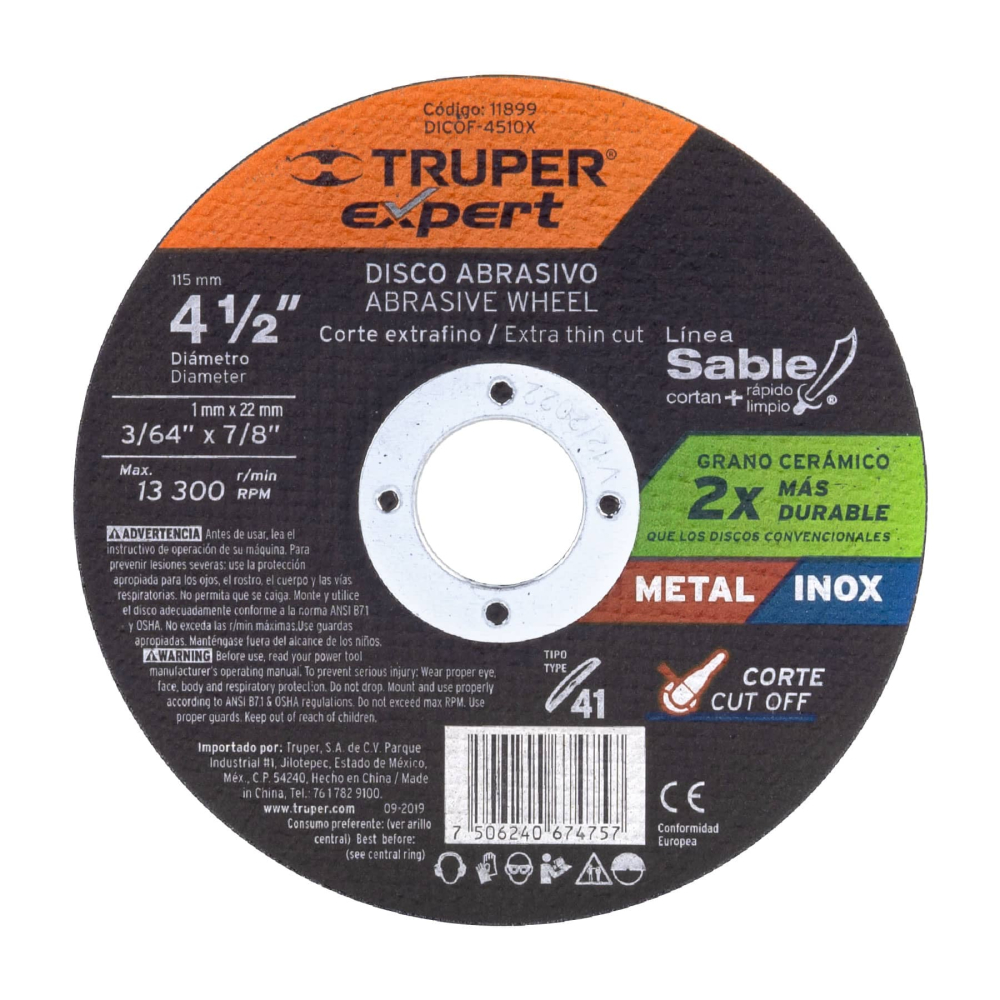 Disco Tipo 41 de 4-1/2' x 1 mm corte fino de metal, Expert DICOF-4510X