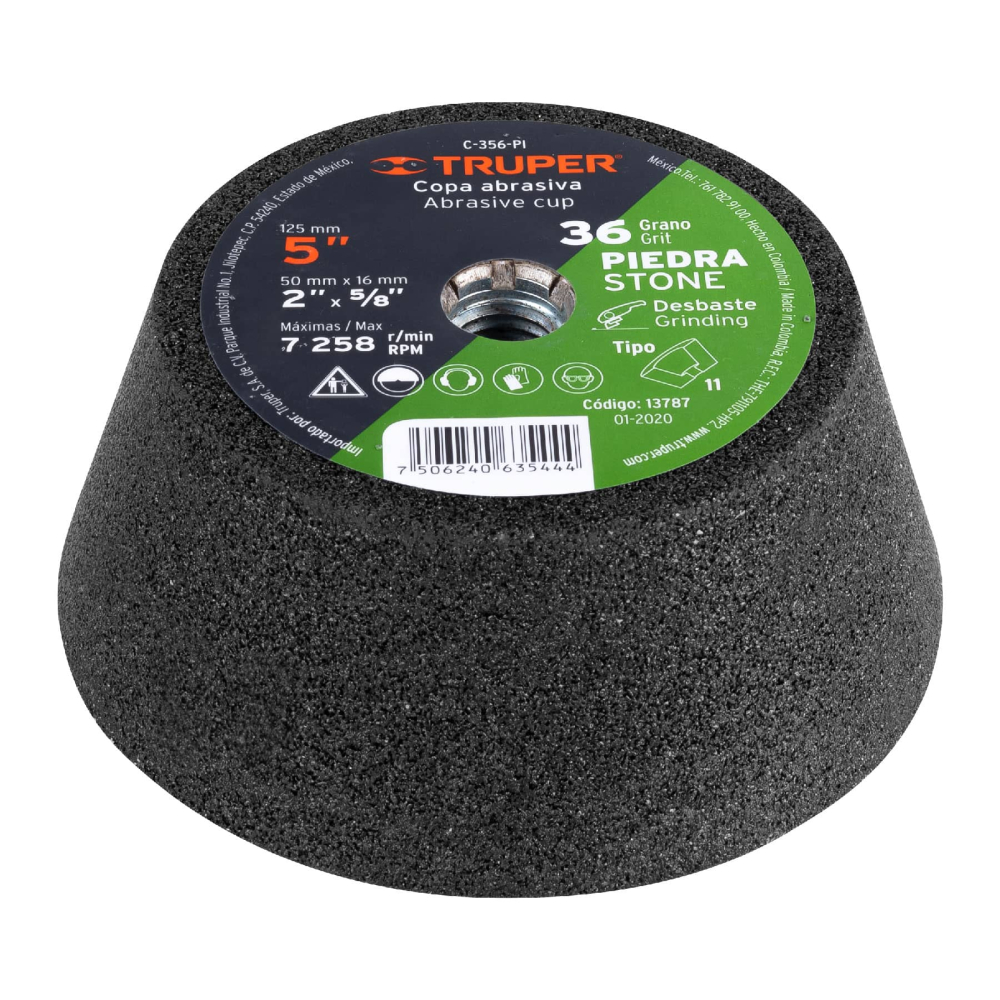 Copa desbaste de piedra 5' grano 36, eje 5/8-11, Truper C-356-PI