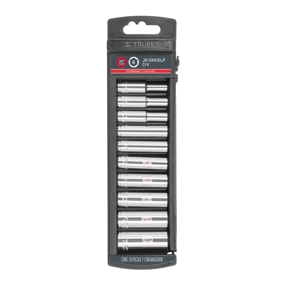 Juego de 10 dados largos cuadro 1/4' std, Truper JD-1/4X10LP
