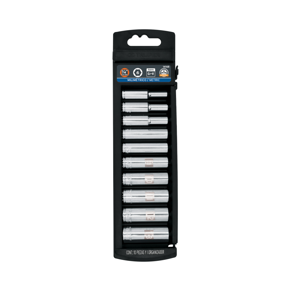 Juego de 10 dados largos cuadro 1/4' mm, Truper JD-1/4X10LM