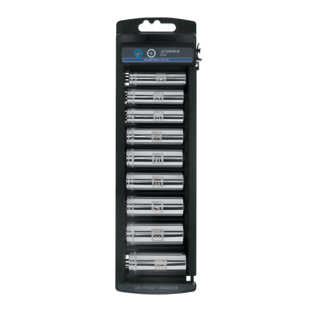 Juego de 9 dados largos cuadro 3/8' mm, Truper JD-3/8X9LM