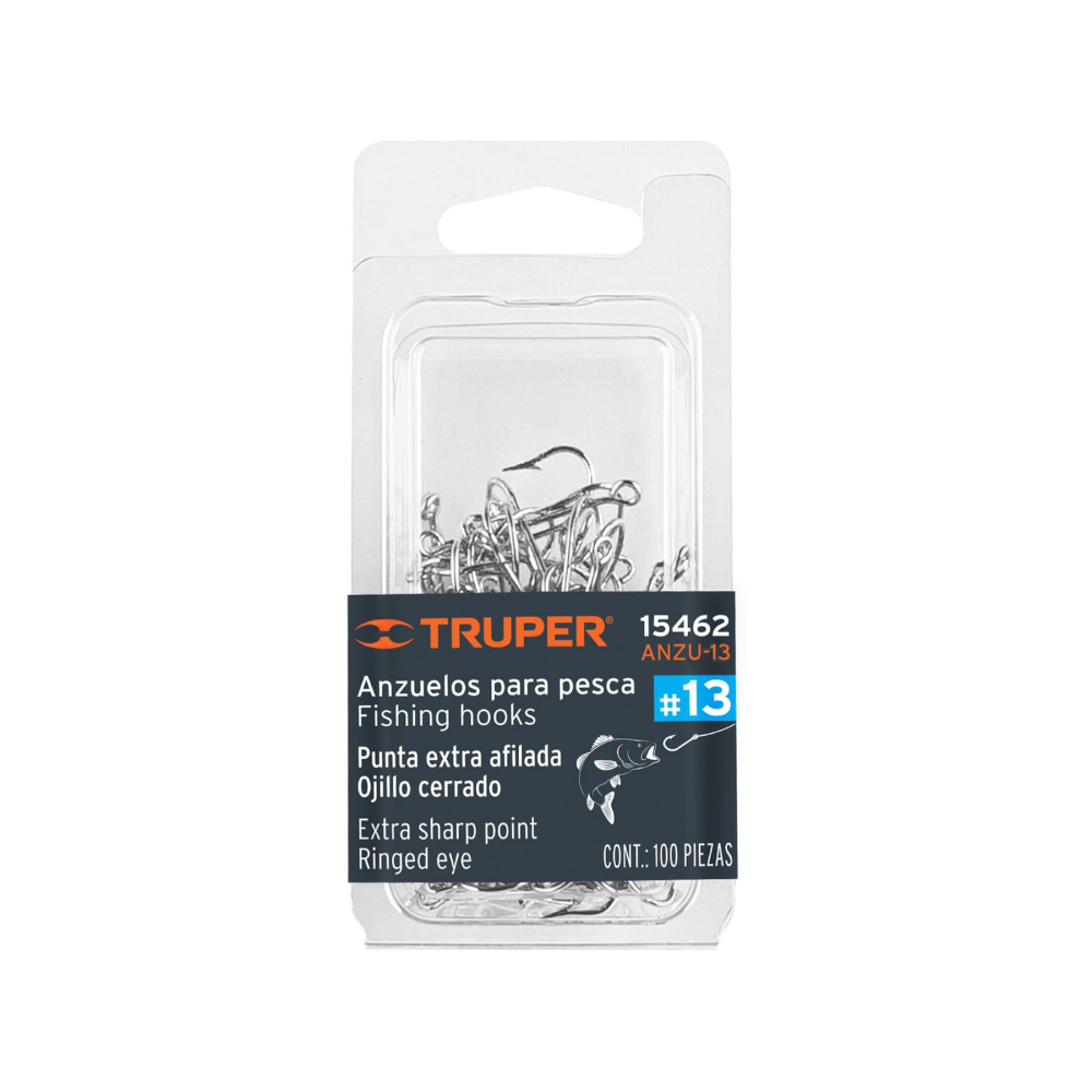Blíster con 100 anzuelos para pesca # 13, Truper ANZU-13
