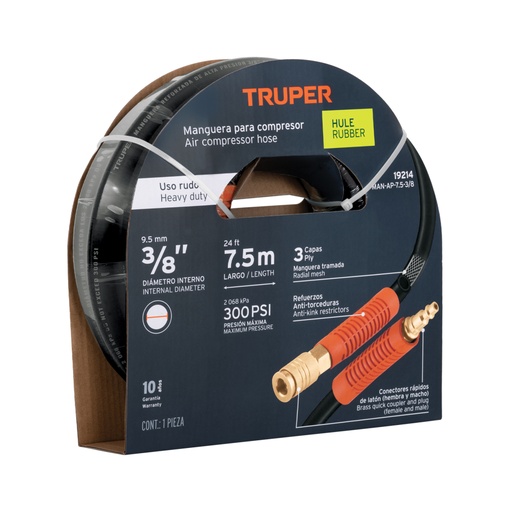 [19214] Manguera para compresor, de hule, 7.5m x 3/8', Truper MAN-AP-7.5-3/8
