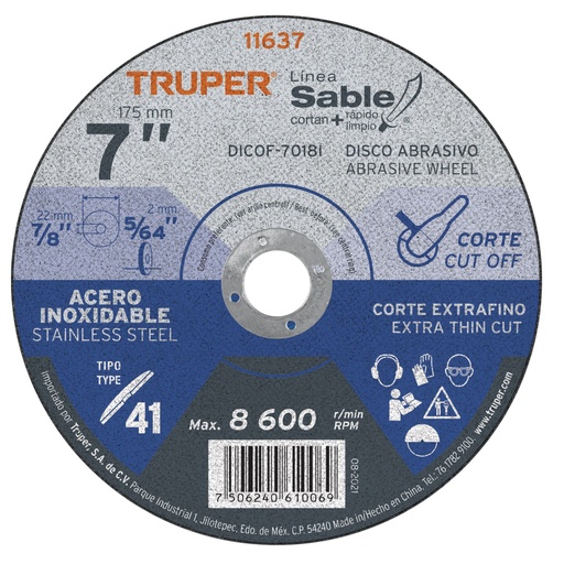[11637] Disco Tipo 41 de 7' x 1.8 mm corte fino acero inox, Sable DICOF-7018I