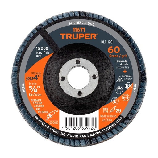 [11671] Disco laminado 4', grano 60 centro 5/8', fibra, TRUPER DLT-1701