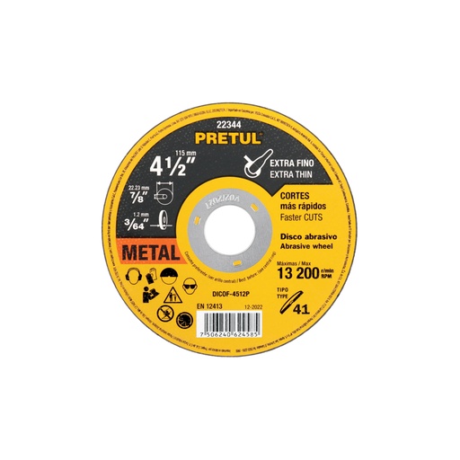 [22344] Disco Tipo 41 de 4-1/2' x 1.2 mm corte fino de metal, Pretul DICOF-4512P