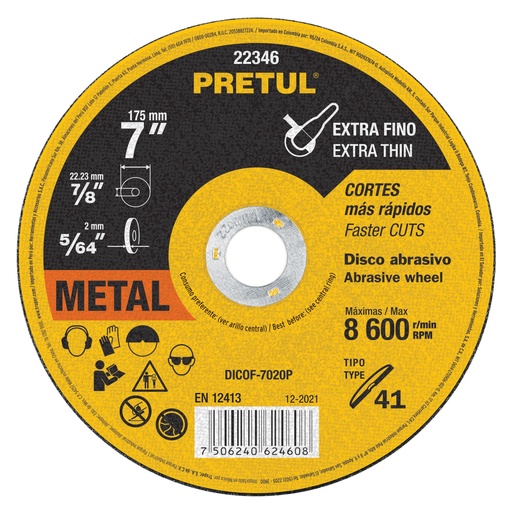 [22346] Disco Tipo 41 de 7' x 2 mm corte fino de metal, Pretul DICOF-7020P