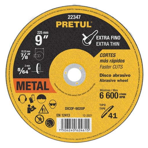[22347] Disco Tipo 41 de 9' x 2 mm corte fino de metal, Pretul DICOF-9020P