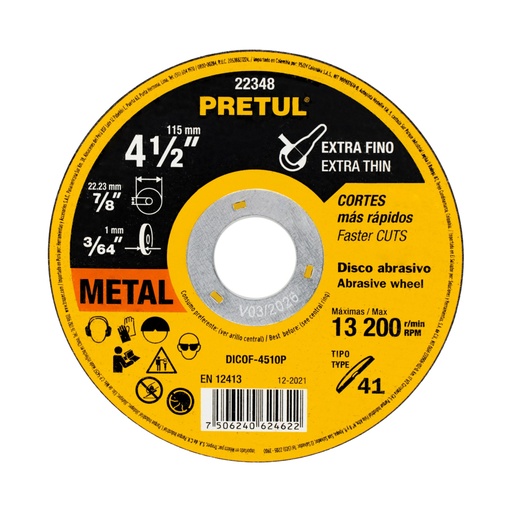 [22348] Disco Tipo 41 de 4-1/2' x 1 mm corte fino de metal, Pretul DICOF-4510P