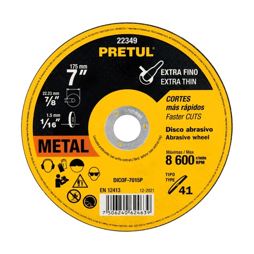 [22349] Disco Tipo 41 de 7' x 1.5 mm corte fino de metal, Pretul DICOF-7015P